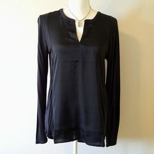 Lucky Brand Woven Mixed Media Split Neck Top - Black Medium